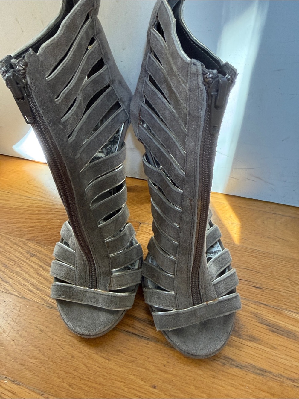 Dolce Vita Gray Suede Strappy High-Heel Zip Knee Boots